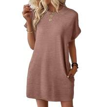 Nuevo producto de verano transfronterizo europeo y americano: vestido de manga corta para mujer, holgado, de cuello redondo, con bolsillos y de color sólido. - Rosa - Ver 4