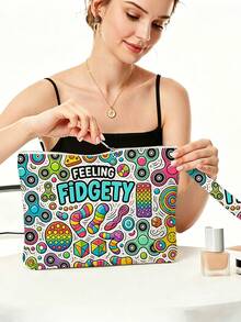 「FEELING FIDGETY」與遊戲控制器印花化妝包，拉鍊式旅行收納袋，輕量耐褪色化妝盥洗包，適合女性、女孩與男性，便攜式化妝收納盒，易清洗，適合母親、老師、朋友、護理師等，女性/男性好友禮品袋，學校與度假旅行必備盥洗包 - 彩色 - 查看 4