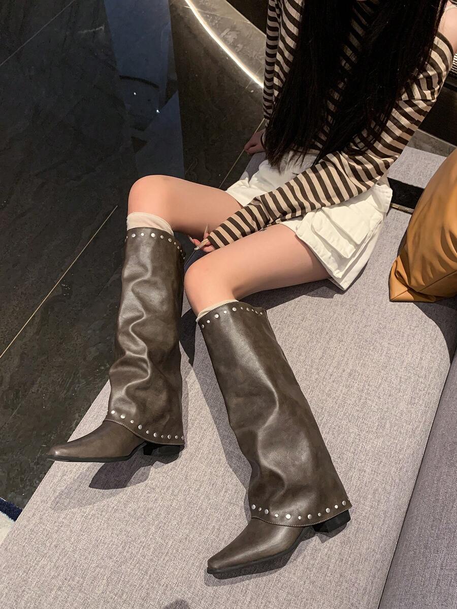 復古鉚釘高筒靴 法式女靴 百搭西部靴 騎士靴 小個女生適用長靴