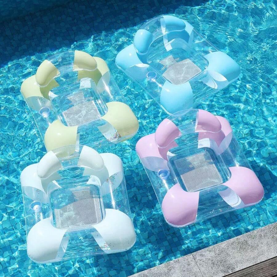 Silla flotante inflable de malla transparente con confeti de colores y toldo para el sol, cómoda tumbona de piscina con portavasos, adecuada para natación al aire libre - Multicolor - Ver 1