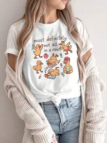 Camiseta Gráfica Estampado Pato Maestro Manga Corta Cuello Redondo Streetwear Casual Estilo Japonés Kawaii Urbano Blusa Chica Aesthetic Alternativo - Blanco - Ver 1