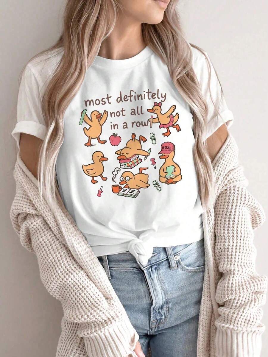 Camiseta Gráfica Estampado Pato Maestro Manga Corta Cuello Redondo Streetwear Casual Estilo Japonés Kawaii Urbano Blusa Chica Aesthetic Alternativo - Blanco - Ver 1