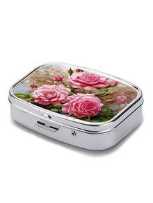 2D Flat Design, 1pc Exquisite Floral Pill Container, Small Pill Storage Box, 2-Compartment Pill Box, Portable Home Medicine Box, Suitable For Pocket, Bag, Travel, Great Gift Choice - Multicolor - View 8