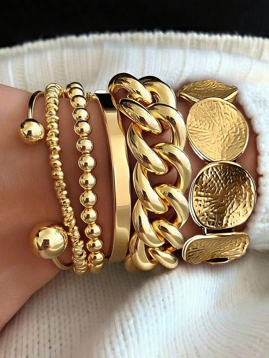 6pcs Punk Style Lightweight Beaded Bracelets, Chain Bracelets, Elastic Disc Bracelets Set, Suitable For Women's Daily, Party, Vacation, Street Style Wear, Also Can Be Given As A Gift. - Gold 6-piece Elastic Rope Bracelet - View 1