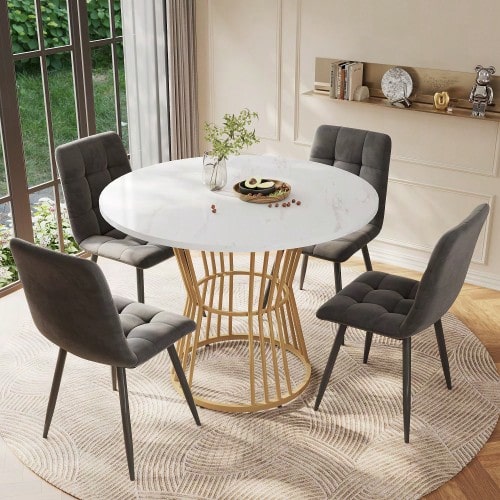 Dining Table Set (5-Piece), Dining Table Set With 4 Chairs, Kitchen Table Set, Round Dining Table With 100 Cm Diameter And Gold Metal Legs, White MDF Tabletop, Dining Chairs In Dark Grey Velvet - 彩色 - 查看 1