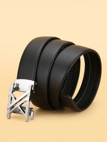Ceinture en cuir pour homme avec boucle automatique lettre X, ceinture de taille personnalisée noire, couleur unie, style décontracté, pour jeunes, travail, bureau, maison, fête, voyage, 120 cm, 1 pièce - Noir - Voir 5
