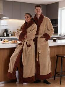 Super Warm Long Pile Lamb Fleece House Robe, Brown Contrast Trim Soft Fluffy Brushed Fabric, Plus Size Loose Couple Loungewear, Unisex, Winter Indoor Bedroom Set, Suitable For Movie Night And Lazy Weekend, Comfortable Home Relaxation Short Robe Gift - Multicolor - View 11