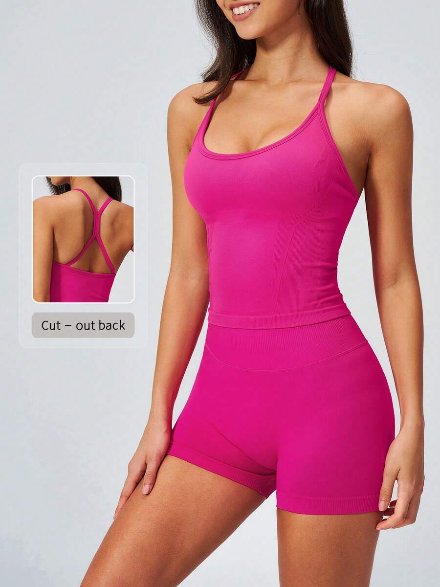 NcmRyu Women's One Set Solid Color U-Neck Spaghetti Strap Y-Shaped Criss-Cross Back Ribbed High Waist Shorts Sports Set - Hot Pink - View 1