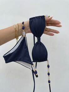 Bikinx Women's Back Tie Bikini Set, Bohemian Style Contrast Color Beaded Shoulder Straps, Suitable For Beach Vacation Summer - Royal Blue - View 4