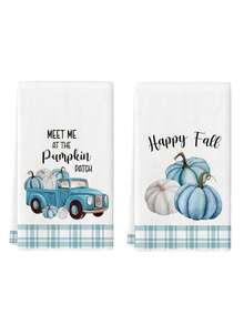 2pcs Autumn Kitchen Towels Kitchen Cloths Polyester Hand Towels With Blue Checkered Pumpkin Truck Pattern Super Soft Woven Dishcloths Machine Washable Ideal For Holiday Gifts & Home Decor - Blue and White - View 10