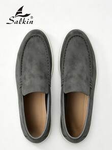 Salkin 經典設計手工男士莫卡辛鞋 平價奢華一腳蹬樂福鞋 寬楦頭 麂皮素食皮革 男鞋 日常休閒平底開車鞋 多色可選 節日禮物 - 深灰色 - 查看 3
