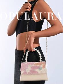 OpulAura 亮片刺繡花卉手提包，女款時尚亮片拼接手拿包，仿珍珠手柄設計，派對晚宴包，隨機剪裁，適合女性，適用於派對、婚禮、舞會、度假，完美搭配派對、婚禮、舞會晚宴/宴會，可搭配度假派對洋裝、晚禮服和亮片洋裝 - 粉色 - 查看 10