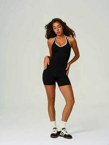UONNOU Halter Neck Open Back Romper For Women, Contrast Trim Tummy Control Slim Sports Bodysuit - Black - View 8