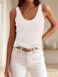 Camiseta sin mangas de verano para mujer con cuello en V, volantes, de punto acanalado, ligera y casual para salir - Blanco - Ver 5