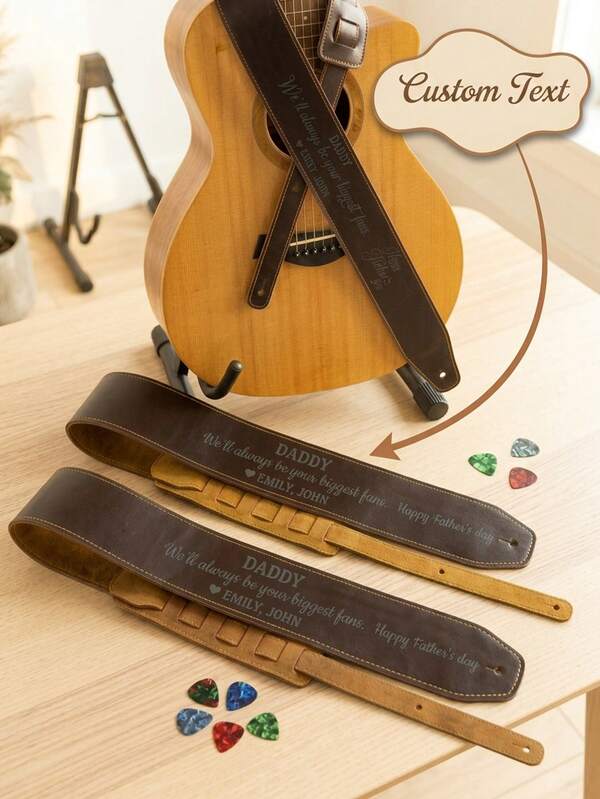 1pc Custom Engraved PU Leather Guitar Strap, Personalized Text Adjustable Vintage Guitar Belt, Soft Lining Fit Acoustic & Electric Guitar, Gift For Guitarists Dad Musicians, Father's Day Birthday Custom Music Accessory