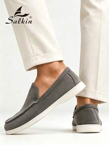 Salkin 經典設計手工男士莫卡辛鞋 平價奢華一腳蹬樂福鞋 寬楦頭 麂皮素食皮革 男鞋 日常休閒平底開車鞋 多色可選 節日禮物 - 深灰色 - 查看 2