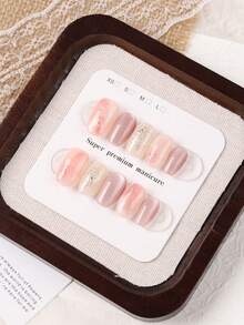 10pcs Short Round Handmade Press-On Nails, Soft Pink Marble Gradient Glitter Nude False Nails, Glossy Silver Foil Swirl Design, Reusable Full Coverage Women's Fake Nails, Suitable For Daily Office, Date, Wedding Manicure - Baby Pink - View 3