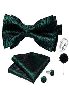 Set Aksesori Pria 5 Buah Motif Gelombang Air Asimetris Hijau, Dasi Kupu-kupu, Sapu Tangan Saku, Manset, Cincin, Bunga Kancing, Pola Manset Acak, Untuk Pengantin Pria dan Pernikahan - Hijau - View 1
