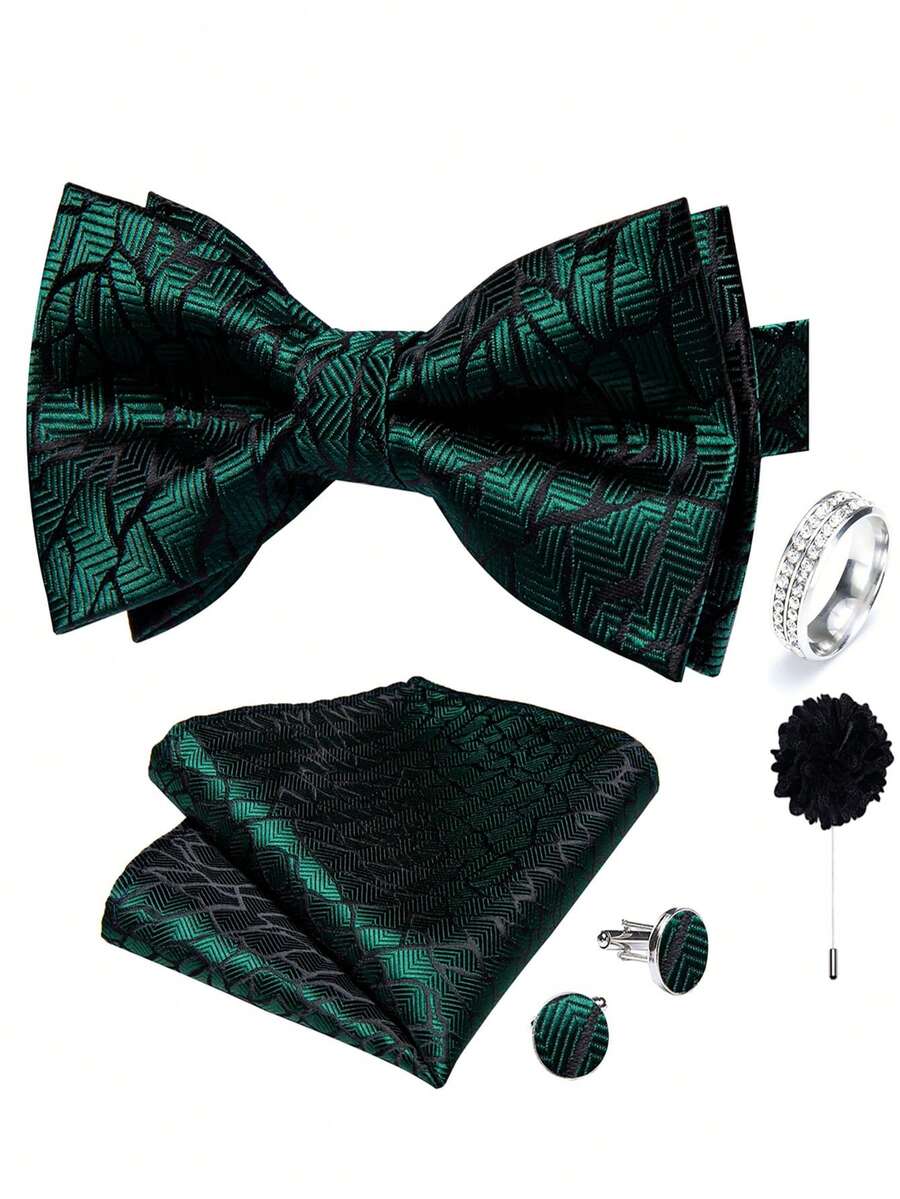 Set Aksesori Pria 5 Buah Motif Gelombang Air Asimetris Hijau, Dasi Kupu-kupu, Sapu Tangan Saku, Manset, Cincin, Bunga Kancing, Pola Manset Acak, Untuk Pengantin Pria dan Pernikahan - Hijau - View 1