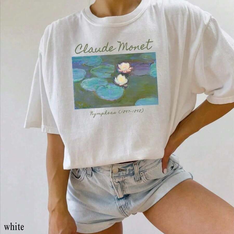 Playeras De Niña Graphic Tee Mens Tshirts "Nenúfares" de Claude , regalo para amantes del arte,  unisex con colores cómodos, regalo extragrande para maestras de arte,  con estampado art - Blanco - Ver 1
