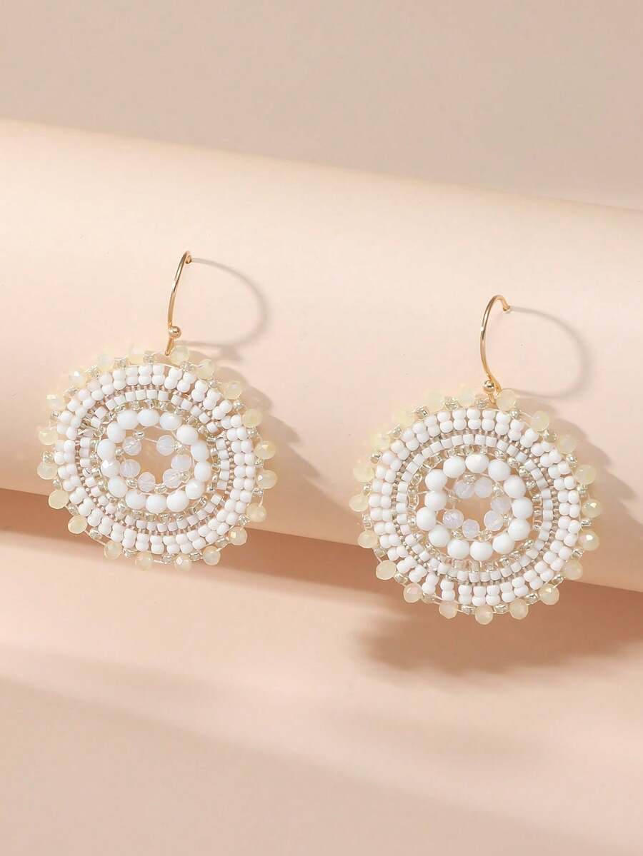 par de pendientes colgantes bohemios hechos mano con cristales y cuentas coloridas para uso diario de mujeres. - Champán - Ver 1