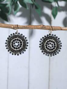 par de pendientes colgantes bohemios hechos mano con cristales y cuentas coloridas para uso diario de mujeres. - Negro - Ver 5