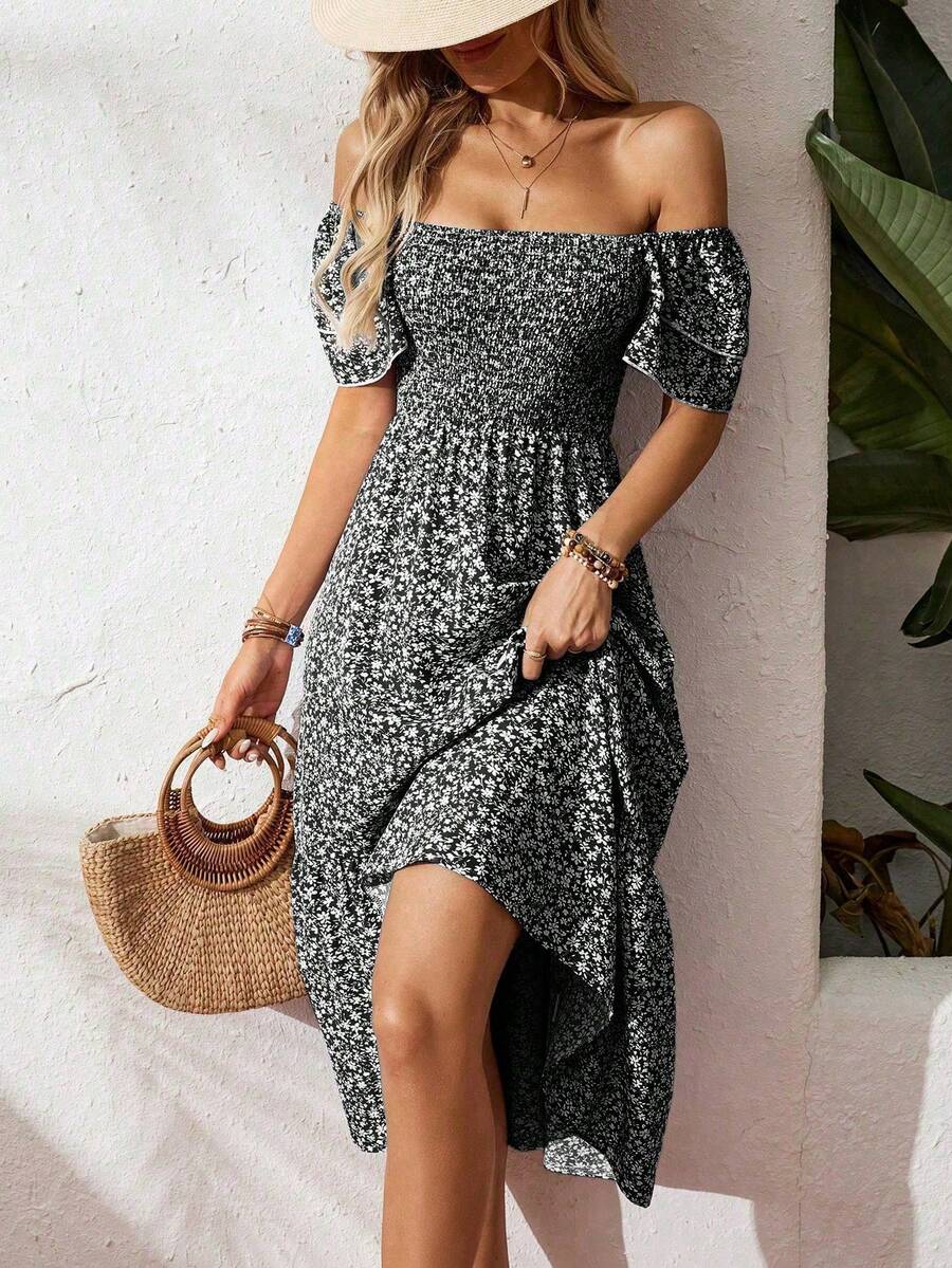 New Cross-Border Success In Europe And America: Long Floral Dress With Square Neck And Puff Sleeves. - Black - View 1