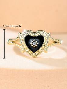 1 Elegant And Stylish Black-Glazed Heart-Shaped Ring With A Sweet-And-Edgy, Dark Retro Vibe-Perfect For Subculture, Sweet-And-Edgy, And Retro Outfits. - Golden Yellow + Black - View 5