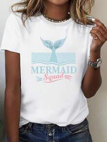 Oversize Camiseta con Estampado de Cola Sirena Olas Manga Corta Casual Streetwear Estilo Japonés Kawaii Urbano Urbana Chica Gráfico Retro - Blanco - Ver 1