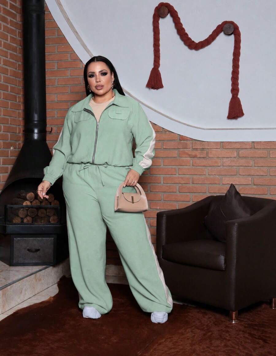 Plus Size Tailored Set With Tie-Front Fabric, Gathered Waist, Zipper, Women's Plus Size Evening, Holiday, Vacation, Diary, Travel, Airport Clothes, Autumn/Winter - 薄荷綠 - 查看 1