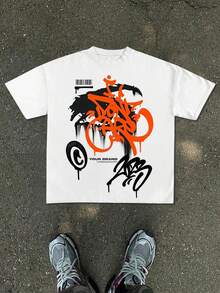 Camiseta Masculina Y2K Graffiti com Estampa Frontal Laranja e Preta - Estilo Streetwear Solto para Verão, Ideal para Looks Casuais e do Dia a Dia - Top de Moda Urbana Lavável na Máquina - Branco - Visão 2