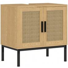 Vanity Unit With Storage Compartment, Rattan-Look Vanity Unit, Bathroom Cabinet With Anti-Tip Device, Oak, 60 X 39 X 60 Cm - 駝色 - 查看 1