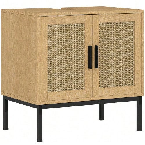 Vanity Unit With Storage Compartment, Rattan-Look Vanity Unit, Bathroom Cabinet With Anti-Tip Device, Oak, 60 X 39 X 60 Cm - 駝色 - 查看 1