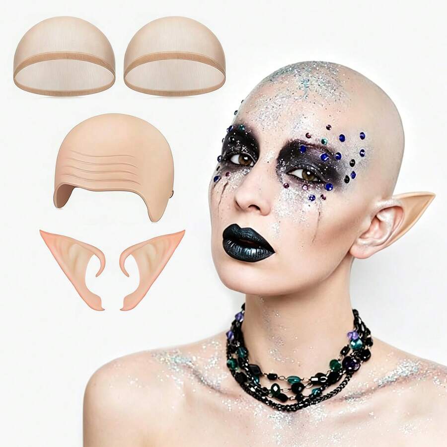 Halloween Latex Bald Head Cap Fairy Pixie Elf Pointed Ears Set With Wig Cap & Short Elf Ears For Cosplay Party Accessories Adult Costume Theme Party - Apricot - View 1