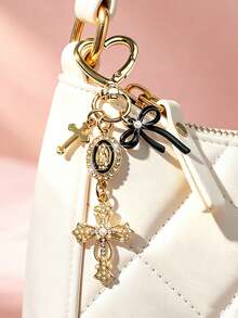 1pc Bow Cross Keychain, Decorated With Religious Love And Crystal Cross Pattern, Embedded With Virgin Mary Image, Embellished With Resin Beads And Rhinestones - Suitable For Keychains, Bag Charms, Cross Pendants, Wallets, Backpack Accessories, Earphone Case Accessories, Luggage And Car Keychains, Bag Charms, Chain Bag Pendants, Also An Excellent Choice For Mother's Day Gifts. - Multicolor - View 3