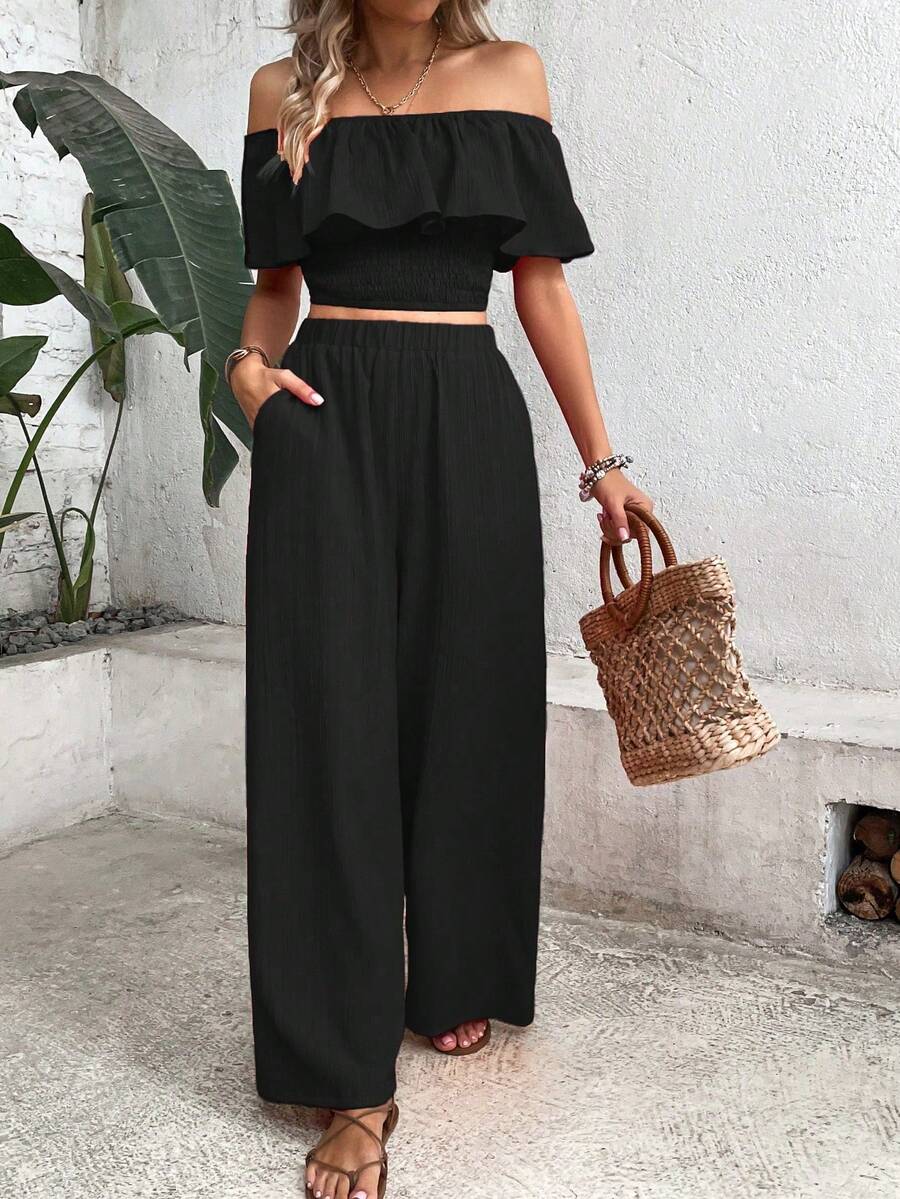 Ins, Blogger Favorite: Off-The-Shoulder Ruffle Crop Top + Wide-Leg Pants With Pockets And High Waist - Black - View 1