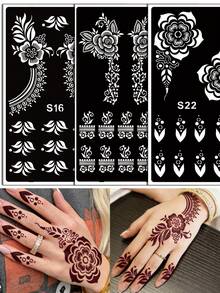 3er/Set Hana handgezeichnete Cut Out Tattoo-Schablonen, Blumenmuster Nagelkunst Tattoo - sexy Blumenmuster, geeignet für Hände, DIY Malen, Tinte, wiederverwendbare Mehndi Design Vorlagen Aufkleber - Schwarz - Übersicht 4