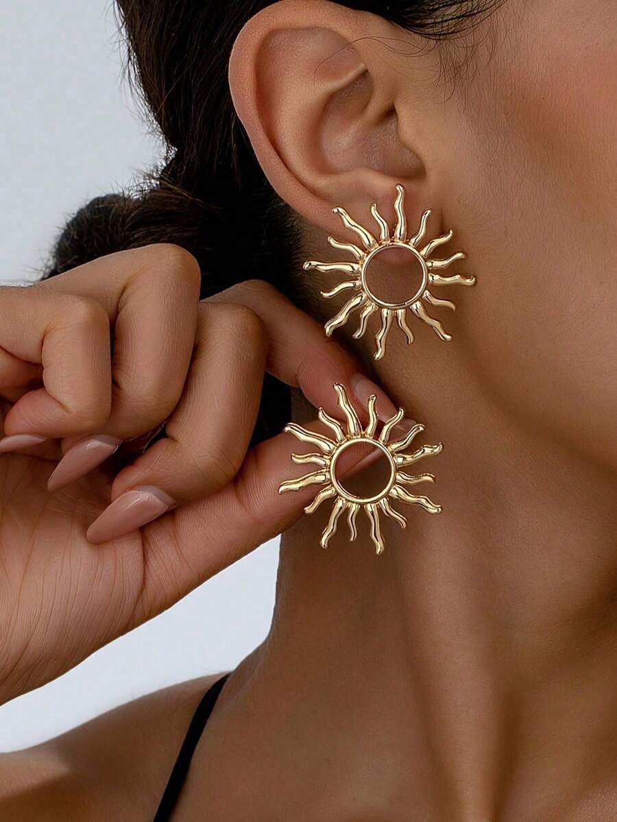 1 par de elegantes pendientes de botón personalizados con girasol de moda - Amarillo Oro - Ver 1
