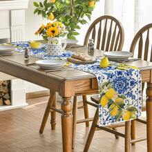 Camino de mesa de poliéster, patrón de porcelana azul con estampado floral de flor de limón y limón simple, impermeable, resistente al calor y lavable, decoración de camino de mesa para mesa de comedor, para decoración de mesa y prevención de polvo - Multicolor - Ver 10
