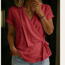 Blusa algodón lino tie-dye manga corta bajo irregular, verano 2026 mujer - Negro - Ver 7