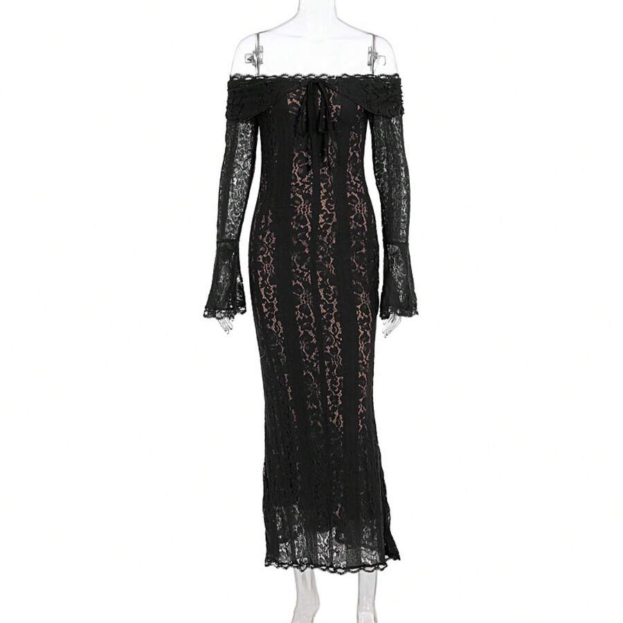 Long French Lace Dress In European And American Style With Bell Sleeves And Strapless Design. - Pale Yellow - View 1