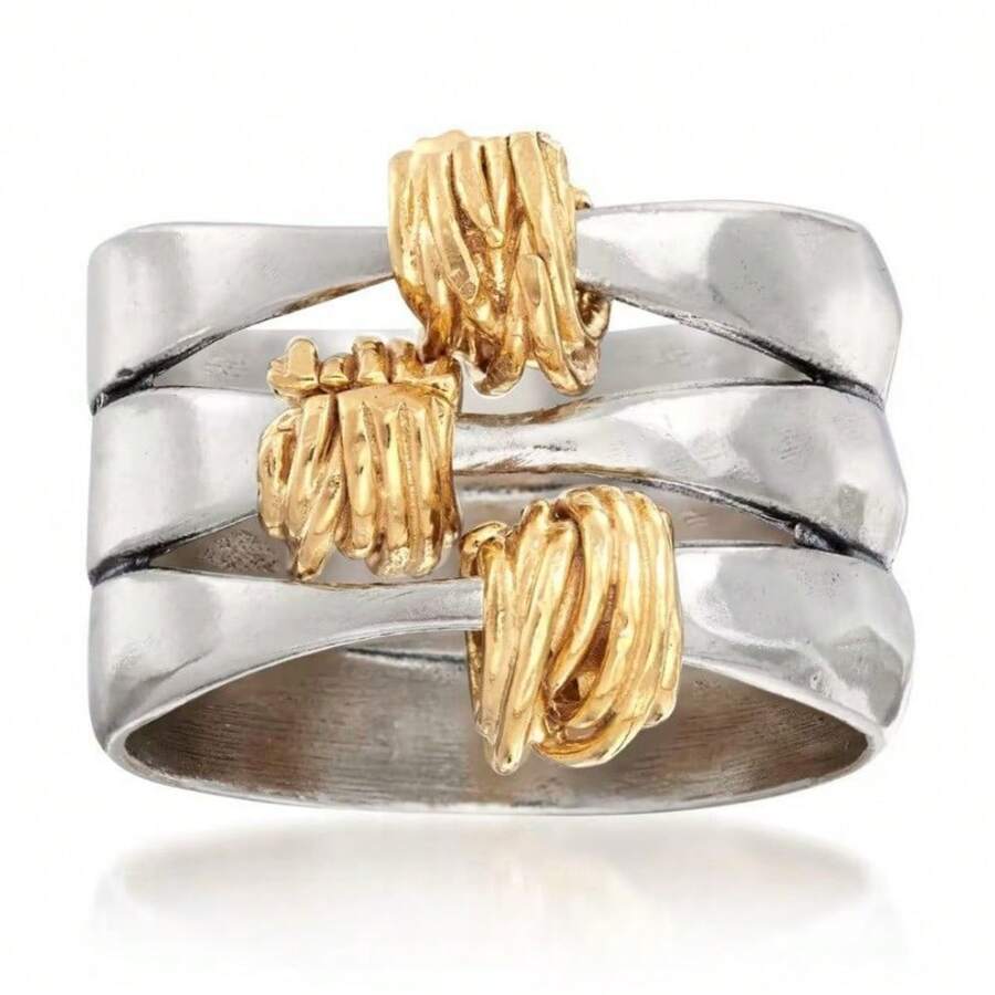 Artistic Dual-Tone Wide Band Ring, Vintage Distressed Texture, Stackable Design, Unique Refined Gift Choice For Best Friends - Silver - View 1