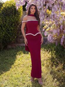 Faeriesty Women's Off-Shoulder Maxi Dress, Detachable Waist Belt, Pearl & Diamond Decor, High Slit Back Design Fall Party - Burgundy - View 4