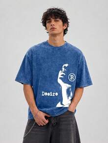 Mysterious Desire Portrait Graphic Printed Men's Vintage Washed Cotton Tee Oversized Street Style Casual Summer T-Shirt - 寶藍色 - 查看 2