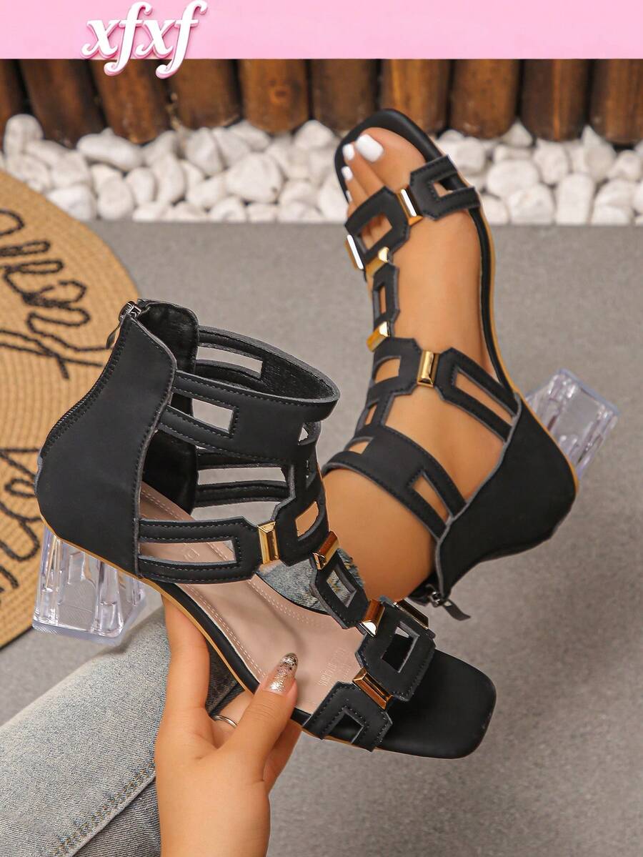 XfxfA Par de sandalias de tacón alto de moda para mujer con cremallera trasera blanca, transpirables con dedos expuestos, adecuadas para citas/compras/fiestas. - Negro - Ver 1