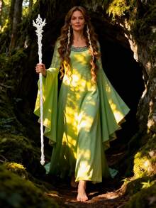 Elf Cosplay Costume Medieval Dress Long Bell Sleeves Round Neck Woven Fabric Stage Performance Women Fantasy Outfit Fall - Green - View 5