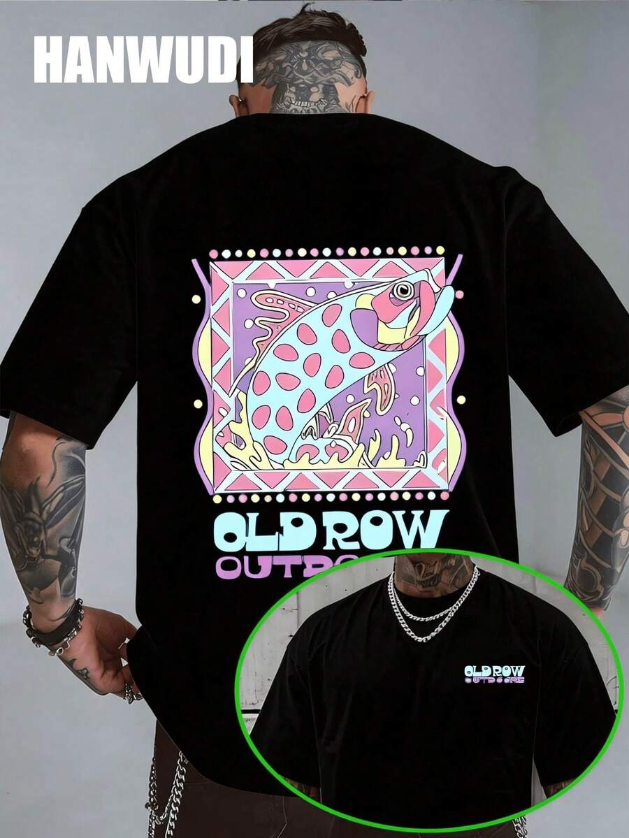 Men's Short Sleeve T-Shirt, Old Row Outdoors, Pastel Trout Graphic Print, Retro Fishing Design, Casual Short Sleeve T-Shirt For Outdoor Enthusiasts And Streetwear - 黑色 - 查看 1