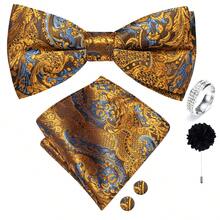 5Pcs Khaki Tropical Plant Jacquard Men Accessory Set, Bow Tie Pocket Square Cufflinks Ring Boutonniere, Random Cufflink Patterns,For Groom Wedding - Khaki - View 2
