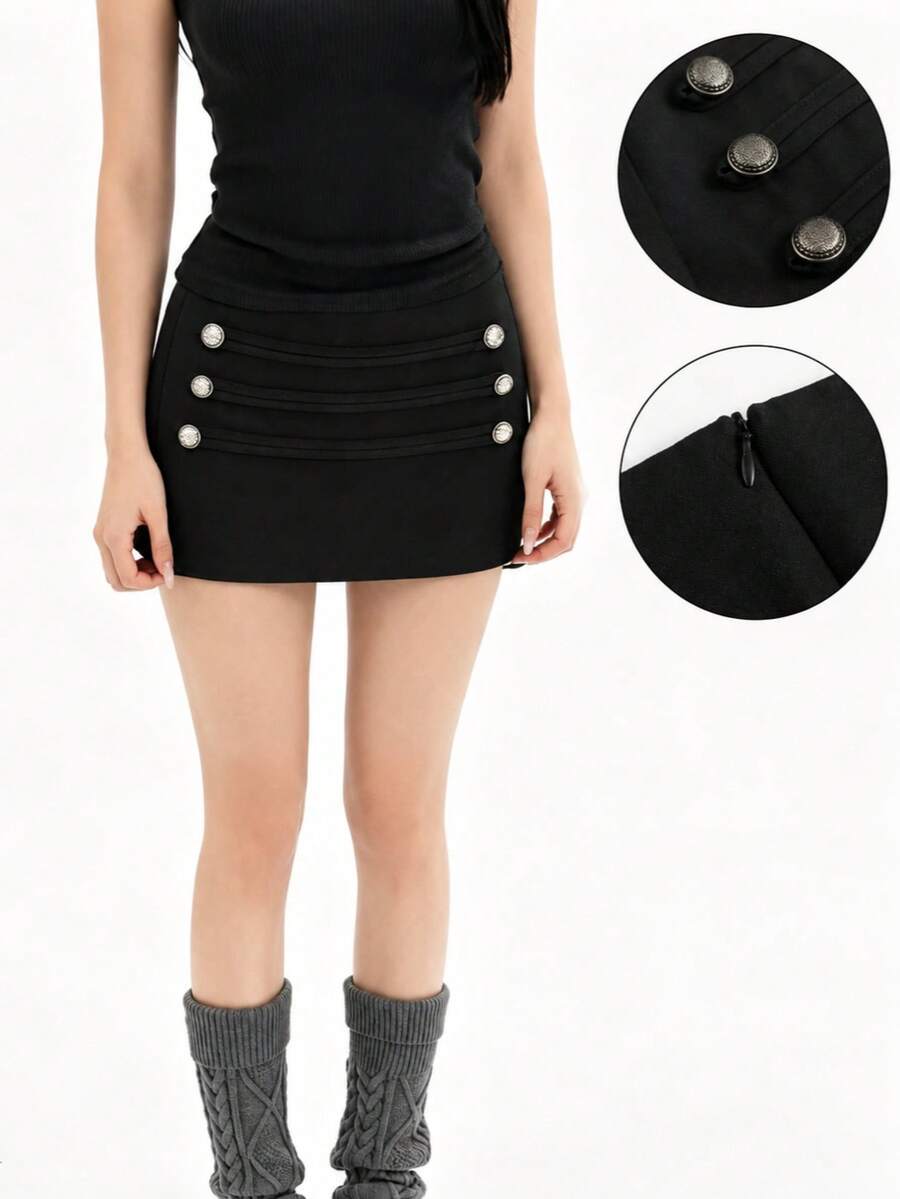 Women's Casual Black A-Line Skirt Pants, Button Detail Design, Short Polyester Non-Stretch Skirt, Suitable For Daily Wear - Black - View 1