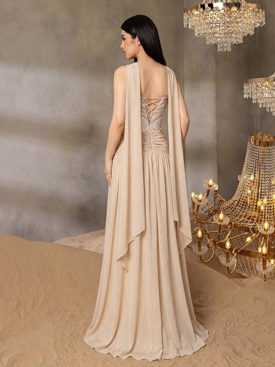 ALISA&LEO Exquisite Beaded Bodice Teenager Formal Dress, Asymmetrical Waist Pleat Design, Lace-Up Back, Suitable For Banquet, Party, Ceremony, Formal Occasions - Champagne - View 1